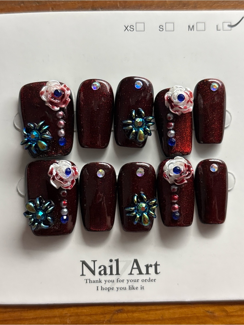 Deep Burgundy 3D Floral Press-On Nails with Iridescent Gems